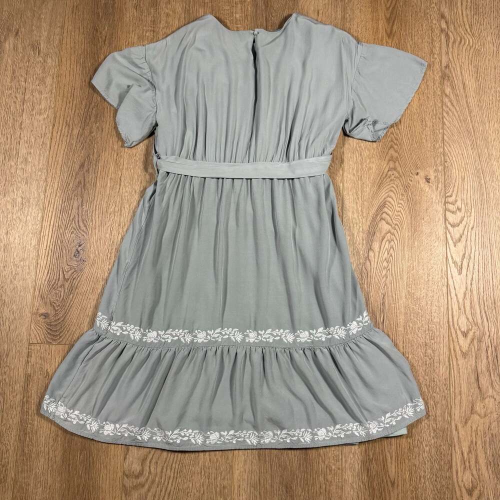 Polagram Sage Green Embroidered Floral Ruffle Sleeve Midi Dress Size L - Picture 9 of 11